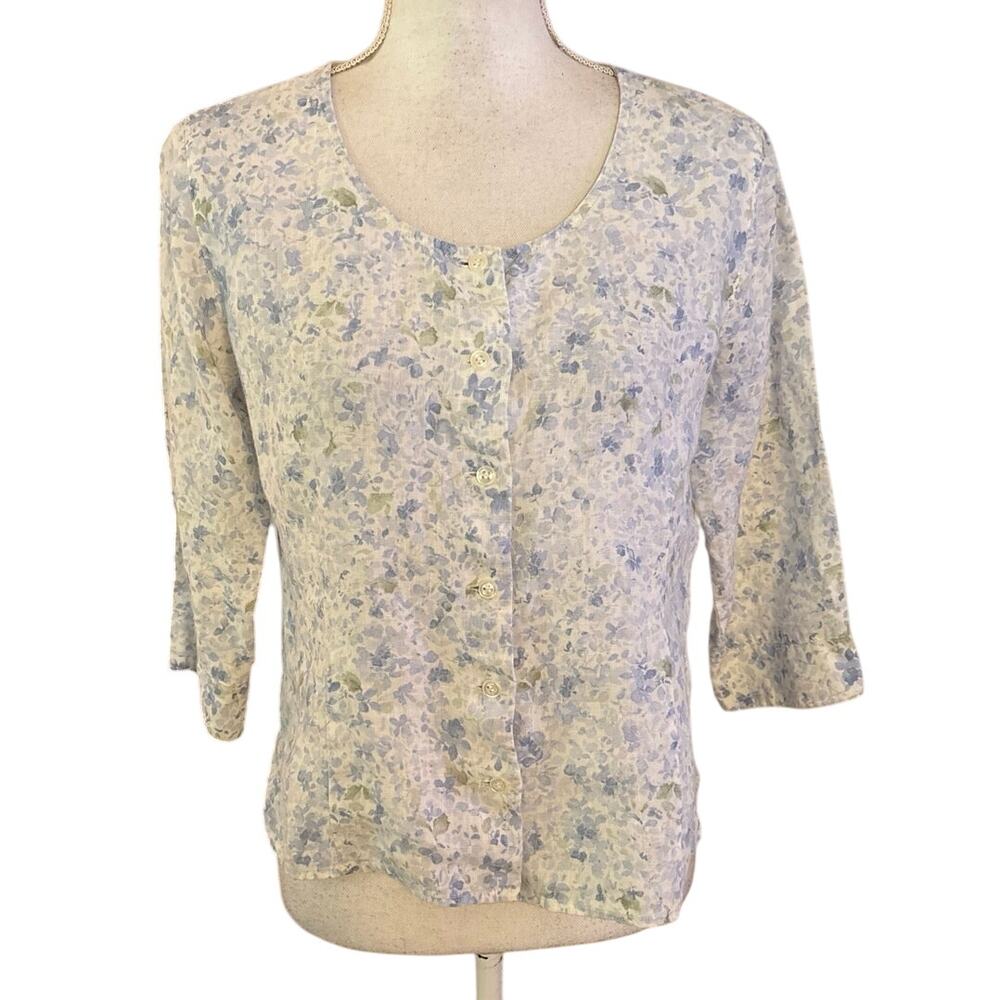 Liz Claiborne Size M L 100% Linen Button Front Top Blouse Floral Print Cottage